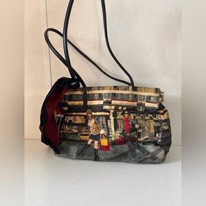 Bueno canvas beaded city scene tote handbag EUC